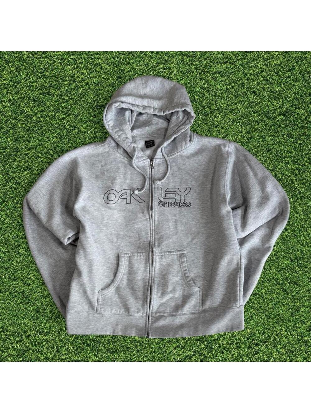 Vintage Oakley Grey Zip Up Hoodie Black Outline Logo Kids XL Fits S M